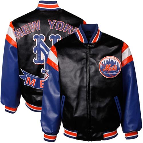 New York Mets Black Pleather Varsity Full Zip Jacket (XX-Large)