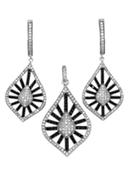 Zirconia By Debbie 925 Silver Black & Clear Pave Stripped Drop Earring & Pendant Set