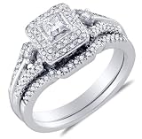 14K White Gold Diamond Halo Ladies Bridal Engagement Ring with Matching Wedding Band (1/2 cttw, 1/5 ct Center)