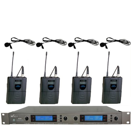 V2go UHF 4 Channel 128 Selectable Frequency Lavalier Lapel Wireless Microphone System