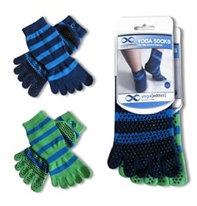 Yoga Full Toe Socks (Dark Blue with Light Blue Stripes, Green with Light Blue Stripes), 2 Pairs Value Pack Set, Size M/L, For Yoga and Pilates