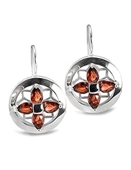 CleverEve Luxury Series Four Petals Floral Design Sterling Silver Earrings w/ Round Genuine Garnet Stones