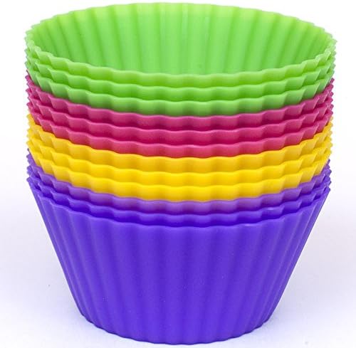 Silicone Cupcake Liners - Set Of 12 Premium Reusable Muffin Baking-Cups In Container - Green, Pink, Yellow, Purple.