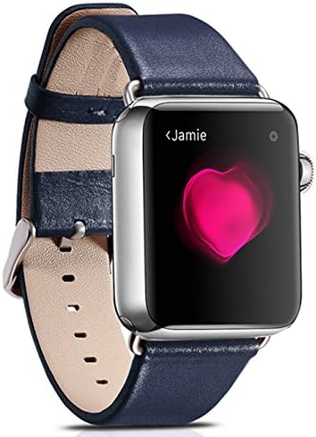 iogod Genuine Real Leather Watchband Strap Stainless Steel Buckle for Apple Watch, Apple Watch Band (Blue - 38mm)