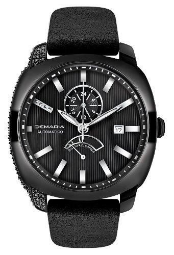 Demaria Men's WPRBL100-1 Black Ion-Plated 1.00c Black Diamond Accented Power Reserve Watch