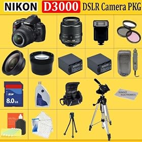 Nikon D3000 SLR Digital Camera with 3-inch LCD (Includes Manufacturer's Supplied Accessories) with 18-55mm Vr Lens + Huge Accessories Package Including Wide Angle Macro Lens + 2x Telephoto + 3 Pc Filter KIT + 8gb Sdhc Memory Card + 2x Extended Life Batteries + Carrying Case + Tripod &amp; Much More !!: Camera &amp; Photo