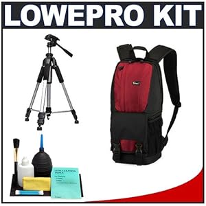 Lowepro Fastpack 100 Backpack Digital SLR Camera Case (Red) + Tripod + Accessory Kit for Canon Rebel XSi, XS, T1i, T2i, EOS 50D, 5D, 7D, Nikon D3000, D5000, D40, D60, D90, D300, D300s, Olympus Evolt E-30, E-450, E-520, E-620, and Sony Alpha A230, A330, A380, A450, A500, A550, A850