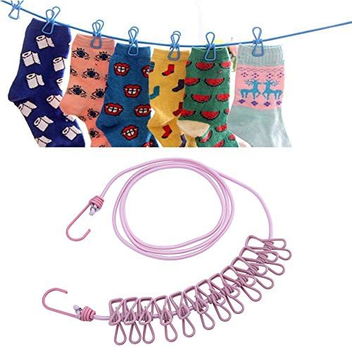 Portable Outdoor Travel Stretch Windproof Camping Clothesline Rope With 12 Clips / Pink * FREE SHIPPING *