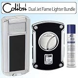 Colibri QTR495001 Baron Dual Jet Flame Cigarette Lighter Bundle With Cigar Cutter Slyce 64 Gauge Spring Loaded Black Lacquer & Premium Butane Fuel Refill