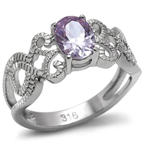 316L Stainless Steel Oval Lilac Color Cubic Zirconia Filigree Ring