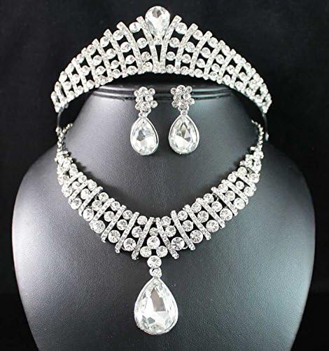 Janefashions Bridal Clear Austrian Rhinestone Crystal Necklace Earrings Tiara Set Party N1787