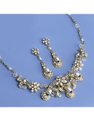 Gold Bridal Jewelry Set, Pearl & Rhinestone Necklace & Earrings 574 G by USABride