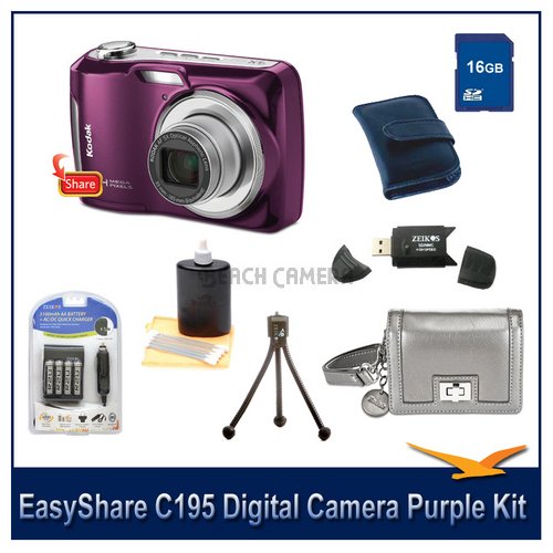 Kodak EasyShare C195 Digital Camera Purple 16GB Bundle - Includes 14MP 3.0 inch LCD Digital Camera, Fashion Camera Clutch - Silver, 16 GB SDHC Memory Card, Card Reader, AA AC/DC Charger, 4 Card Memory Card Wallet, Mini Tripod, and 3pc. Lens Cleaning Kit.