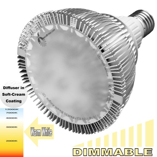 ecoBrites Ultr-Brites Dimmable 12x2w Hi-Performance LED light (replacing 200w incandescent/halogen bulbs). Warm White (2800k) Light Output in 120 degree Wide Angle Flood Beam Spread with Diffuser in soft cream coating. Standard PAR38 / R38. Working with Traditional Dimmer. Designed for Recessed Downlights, Spotlights, Track Lights & Floodlights (replacement or retrofit of Incandescent, Halogen, Fluorescent & CFL Bulbs). Ideal for High Ceilings, Lobbies, Entrances.