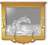 Oak Wall Coat Rack With Dolphin Etched Mirror - Dolphin Decor - Unique Dolphin Gift Ideas - Fully Assembled - 26'' w x 22'' h