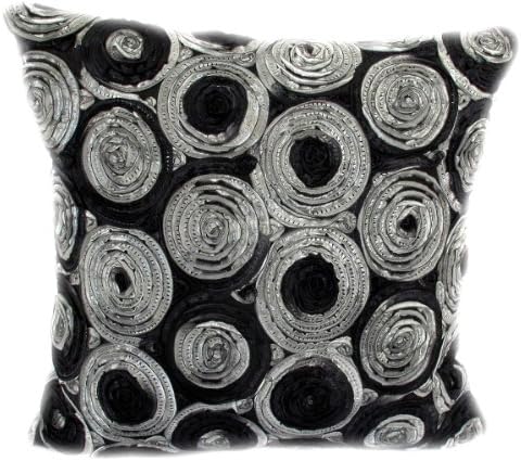 LIF Set of 2 Decorative 3D Roses Throw Pillow Covers Silk Pillow Cover with Ribbon Embroidery (for Living Room, Sofa, Car, Etc. Fit a 16 X 16 Inches,Black & White)