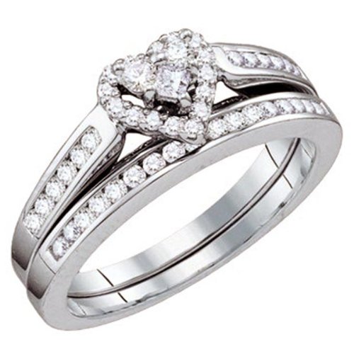 10k White Gold Round Diamond Ladies Heart Bridal Ring Set Engagement (1/2 cttw, H-I Color, I1 Clarity)