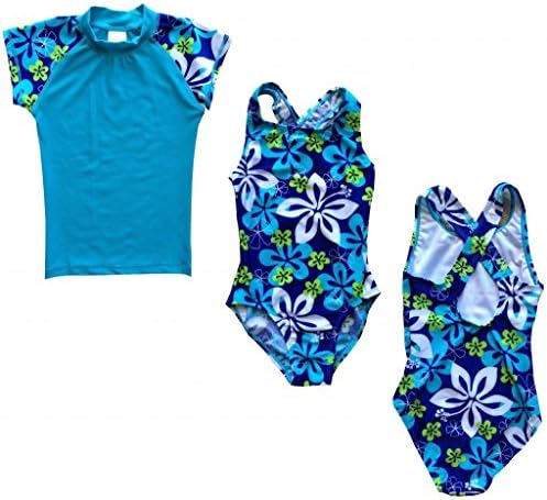 CABANA GIRL 4-16 Floral 2 Piece Rashguard Set Swimsuit Swimwear 50+ UV Protection, 4-6, Blue