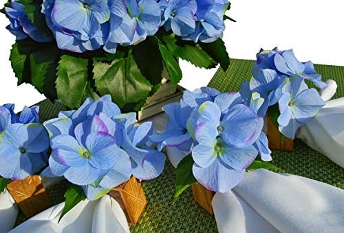 Hospitality Florals "Beauty in Blue" Hydrangea Patio Tablescape Centerpiece with 4 Matching Mango Wood Napkin Rings