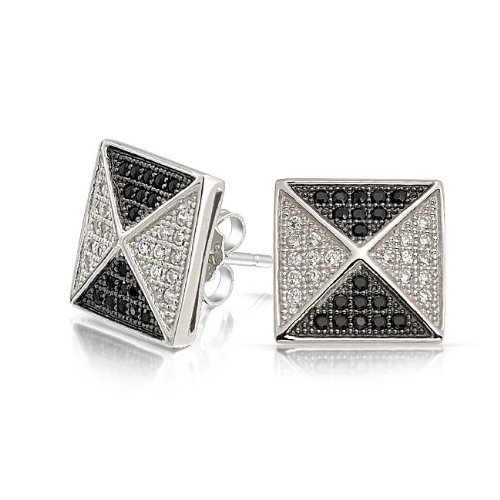 Bling Jewelry Micro Pave Black and White Pyramid CZ Mens Stud Earrings 925 Silver