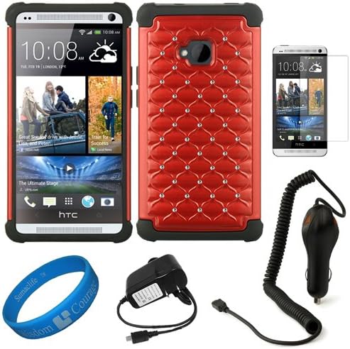 Red & Black Embeded Studded Diamond Faceplate with Silicone Skin Cover for HTC One M7 Android Smart Phone + Clear Anti Glare Screen Protector Strip w/ Cleaning Cloth + Black Micro USB Wall & Car Charger Bundle Kit + SumacLife Wisdom Courage Wristband
