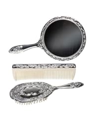 3 pc Silver Chrome Girls Vanity Set Comb Brush Mirror.