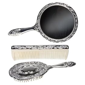 3 pc Silver Chrome Girls Vanity Set Comb Brush Mirror.
