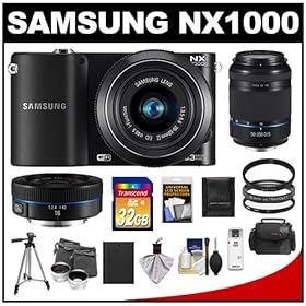 Samsung NX1000 Smart Wi-Fi Digital Camera Body & 20-50mm & 16mm f/2.4 Lens (Black) with 50-200mm NX OIS Lens + 32GB Card + Case + Tripod + Telephoto & Wide-Angle Lenses + Filters + Accessory Kit