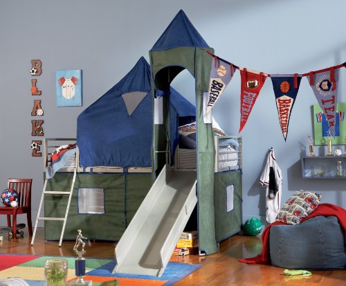 Boys Blue & Green Twin Tent Bunk Bed with Slide