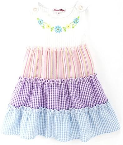Forever Magic Girls Seersucker Color Block Daisy Dress (6X, Pink Striped/Purple/Blue)