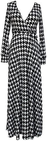 Women's Black White V Neck Long Sleeve Plover Print Maxi Dress