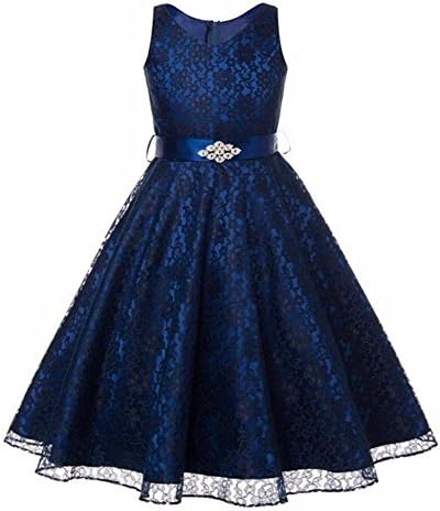 Abb House Lovely Lace V-Neck Flower Girl Dress (140(7-8), Navy Blue)