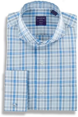 Modena Men's Plaid Windowpane Cutaway Collar French Cuff Dress Shirt 17 - 36-37 Blue / Grey / White