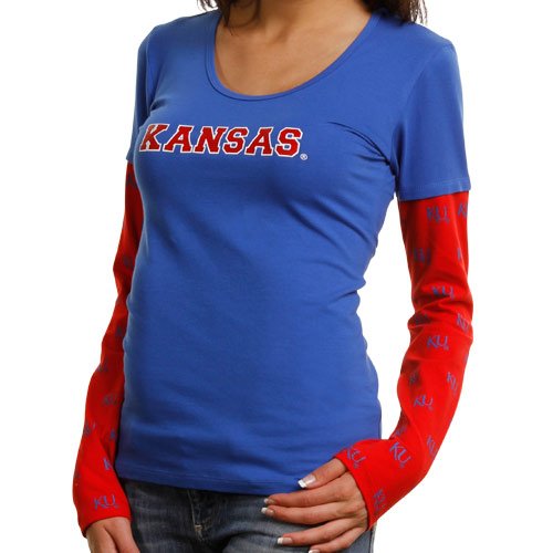 Kansas Jayhawks Ladies Cool Down Double Layer Long Sleeve Premium T-Shirt - Royal Blue/Crimson (Small)