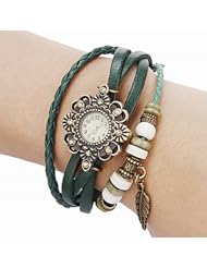 Womens Flower Round Dial PU Band Quartz Analog Fashion Watch(green) WTH2668