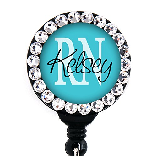 Retractable Badge Reel - RN Blue with Swarovski Rhinestones - Personalized Name - Badge Holder