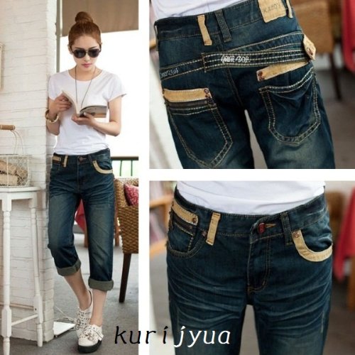 【4L】大きいサイズ ヴィンテージボタン&ジップポケット付クロップドデニム ステッチ刺繍 L~5L