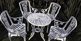 6pc Cast Aluminium Garden Furniture Bistro Set Gloss White Round 60cm table, 4 Carver Armchairs and matching Parasol Base