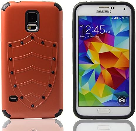 ULIKE Samsung Galaxy S5 Case, Shield Pattern Hybrid Impact Shockproof Hard Cover, Defender Armor Case with PC Shell and Soft TPU Skin Layer for Samsung Galaxy S5 I9600 (Hybrid Armor Series) with 2-Pack High Defintion (HD) Clear Screen Protectors -- 99.99% Clarity and Touchscreen Accuracy (Brown)