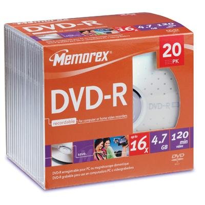 Memorex 16x DVD-R Media - 4.7GB - 120mm Standard - 20 Pack Slim Jewel Case