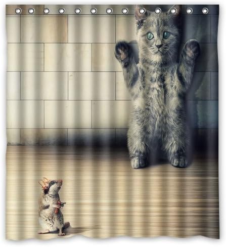 Artwork cats humor mice Polyester Shower Curtain Set with 12 Hooks,(66" wide x 72" long)