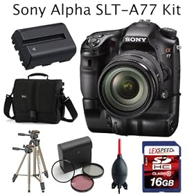 Sony Alpha SLT-A77 24.3 MP Translucent Mirror Digital SLR Camera with Sony SAL 16-50 f/2.8 Standard Zoom Lens + LexSpeed 16GB Class 10 SDHC Flash Memory Card + Sony VG-C77AM Vertical Grip + Spare NPFM500H Li-Ion Rechargeable Battery Pack + Lowepro Adventura 170 Camera Bag + Professional Tripod