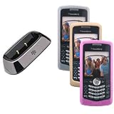 4 Piece Combo of Soft Pink, White, and Pale Gold Skin Cover Cases with Charging Pod for Blackberry Pearl 8110 8120 8130
