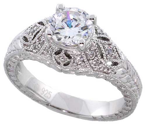 Sterling Silver Vintage Style Engagement ring, w/ a 6mm (.75 ct) Round CZ Stone, 3/8 (9mm) wide