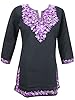 Black Indian Tunic Blouse Purple Floral Embroidered Cotton Short Kurta Tops S