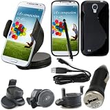 BAAS� Samsung Galaxy S4 SIV Support Voiture Ventouse pour Fixation sur Pare Brise Avec 360 � Degr� rotation fonction+ noir Housse Etui en Silicone Gel + Micro USB c�ble de donn�es + USB voiture chargeur Adaptateur + Films de protection �cran + Stylet