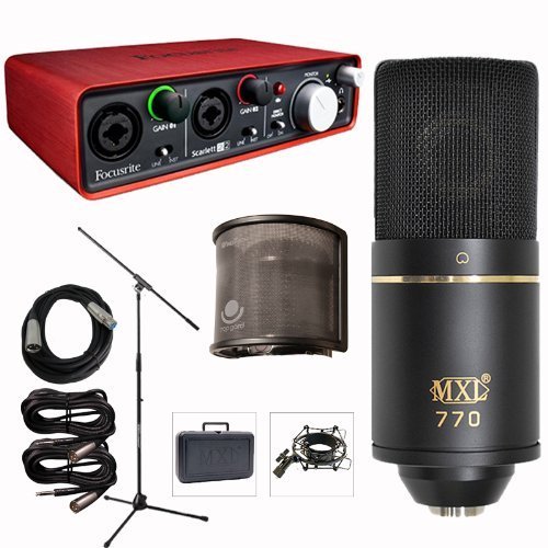 Focusrite Scarlett 2i2 USB Audio Recording Interface Package - MXL 770 Microphone, Wind Screen, Mic Stand, Cables