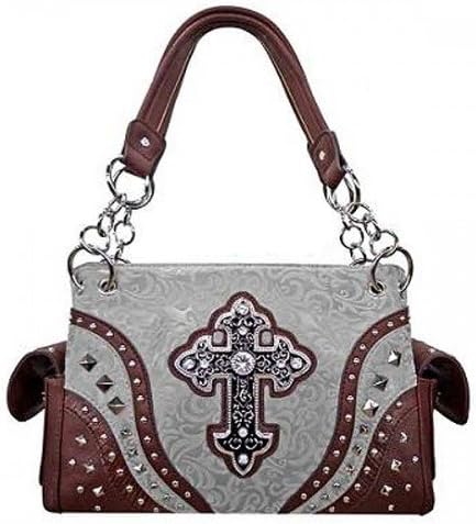 CONCEALED HANDGUN HANDBAG WITH RHINESTONE CROSS G939W22-9390LCR-GRY