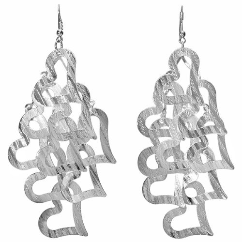 Unique Dangling Chandelier Bling Bling Earrings in White Metal Heart Shaped overlapping Textured Petals (Length 4.5 inches, 2 Inches wide, Fishhook)