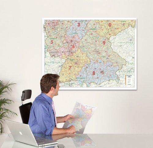 Bacher Postleit-Karte Deutschland, Posterkarte, S&uuml;d: Postleitkarte mit 5stelligen PLZ und Bundesl&auml;nder